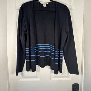 Exclusively Misook Black and Blue Striped Opened Front Cardigan Size Medium